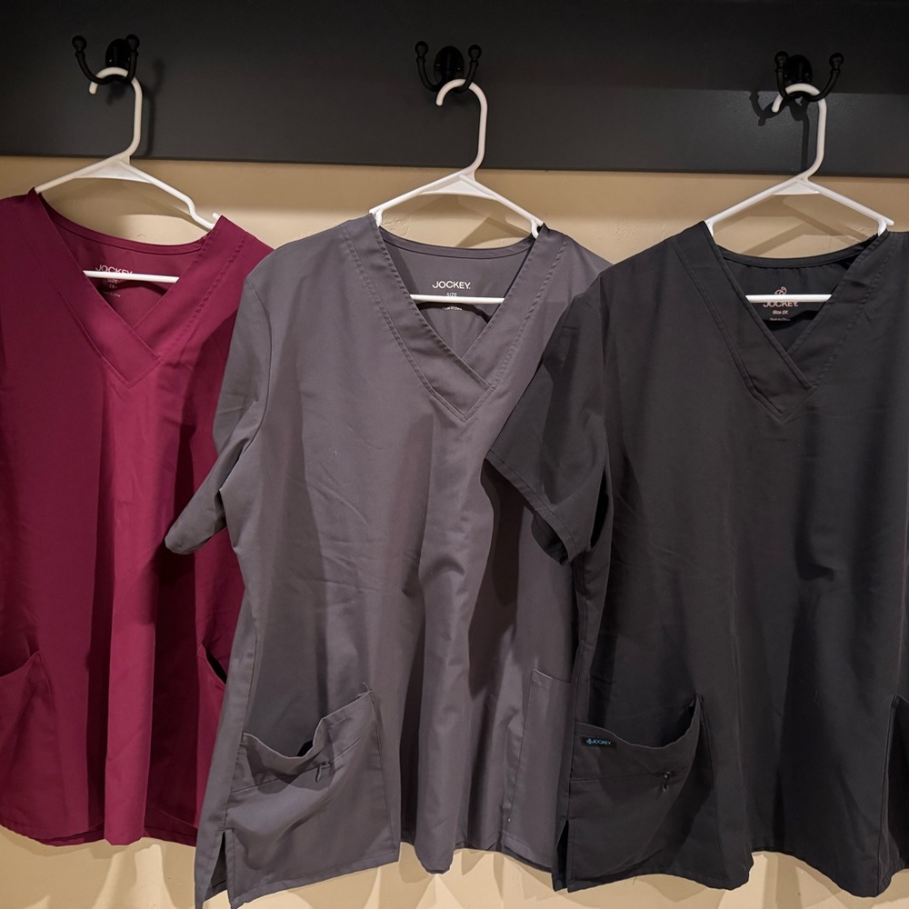 3 pack Jockey Women's V-Neck Scrub Tops - Burgundy, Gray, and Black